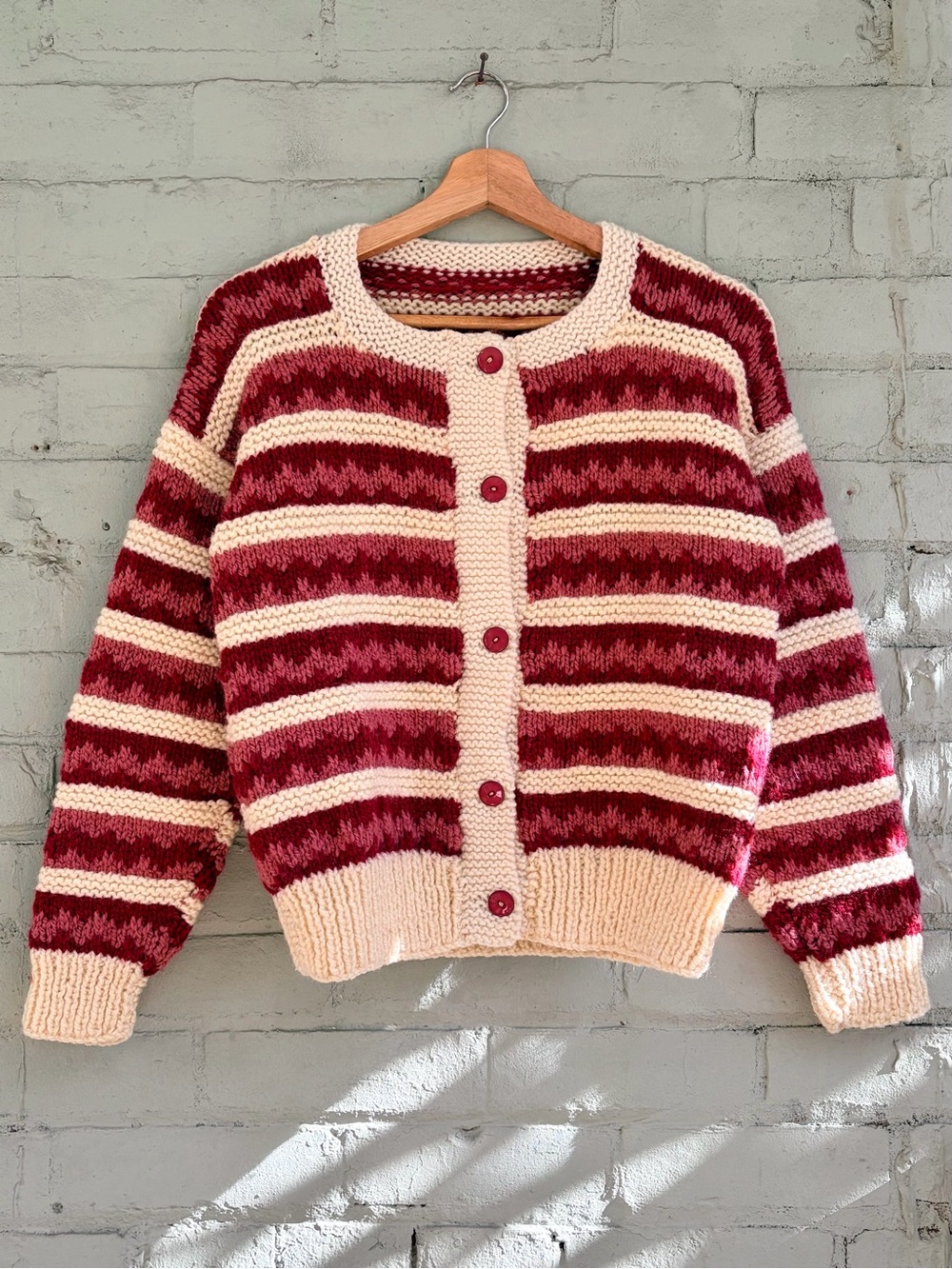 Chunky Knit Stripe Cardigan Sweater in Cream and Red